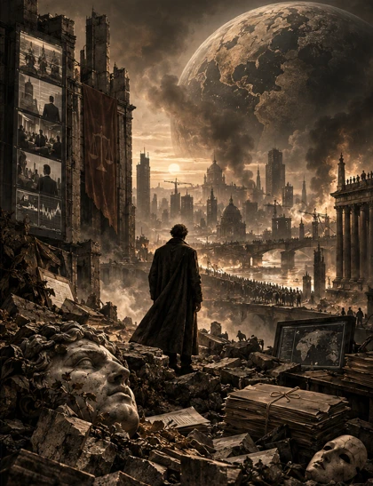 Allégorie sépia : figure face à une cité en ruines sous un globe monumental
