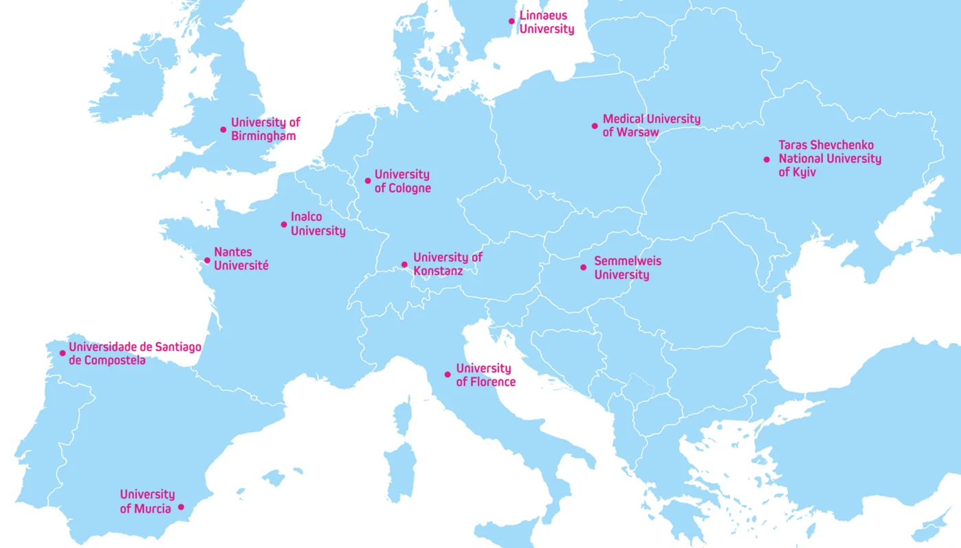 Carte d'Europe pointant les différentes universités membres de l'allaince EUniWell