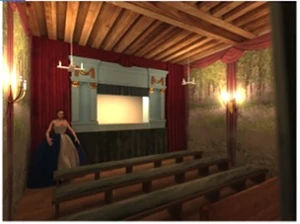Modélisation 3D de l'intérieur d'un théâtre de marionnettes à la Foire Saint-Germain par Paul François.