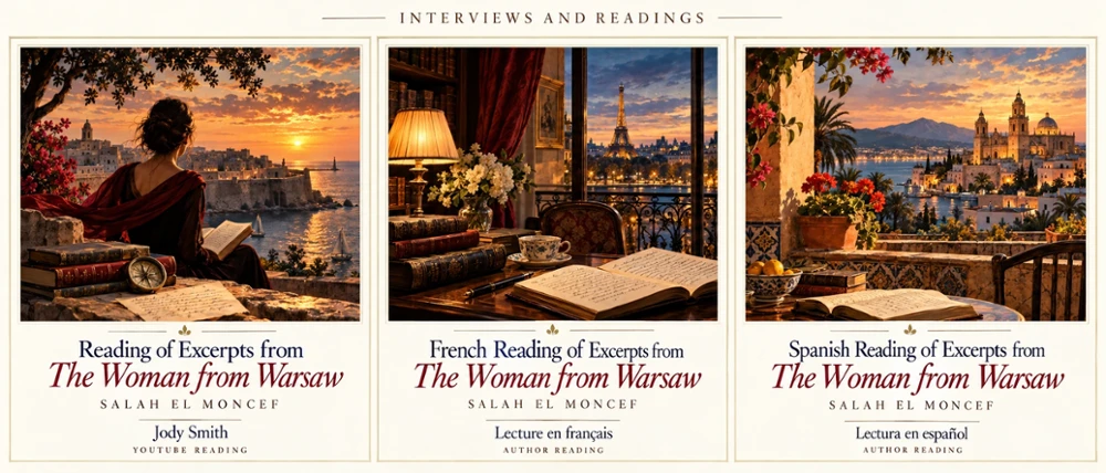 Readings of Salah el Moncef: The Offering at the University of Bremen, Jody Smith reading The Woman from Warsaw, and multilingual readings of The Woman from Warsaw.
