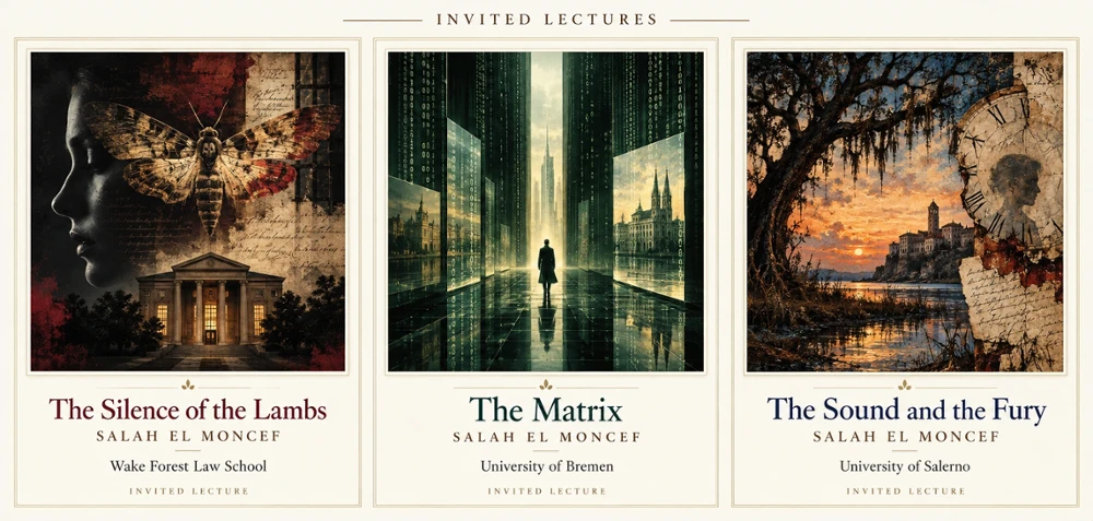 Invited lectures by Salah el Moncef: The Silence of the Lambs at Wake Forest Law School, The Matrix at the University of Bremen, and The Sound and the Fury at the University of Salerno.