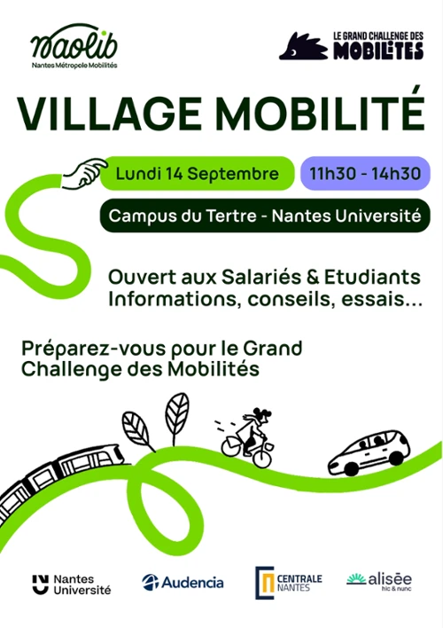 Affiche de l'évènement avec rappel de la date et partenaires (Naolib, Alisée, audencia, Ecole Centrale, Nantes Université)